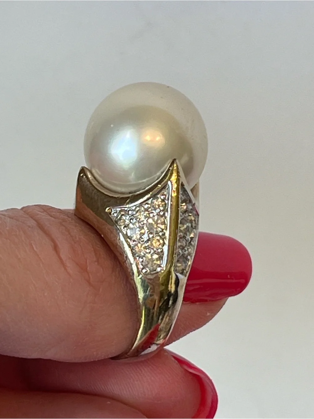 Vintage Panetta Faux Pearl & Crystals Gold Tone Sterling Cocktail Statement Ring
